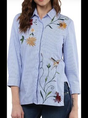 Cliche Striped Blue Floral Embroidered Button-Down Shirt